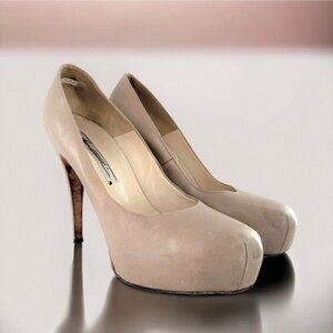 BRIAN ATWOOD Nude/Beige Leather Round Toe Platform Pumps Size 38.5 Neutral Heels